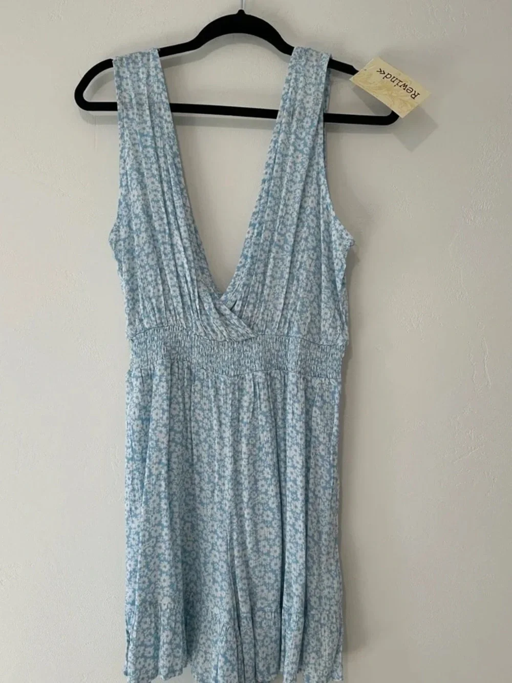 Blue Floral V-Neck Women's Chemise with Smocked Waist